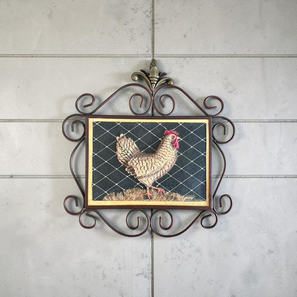 Vintage Kimberly Poloson 3D Rooster Wall Art, Rustic Scroll Metal Framed Plaque